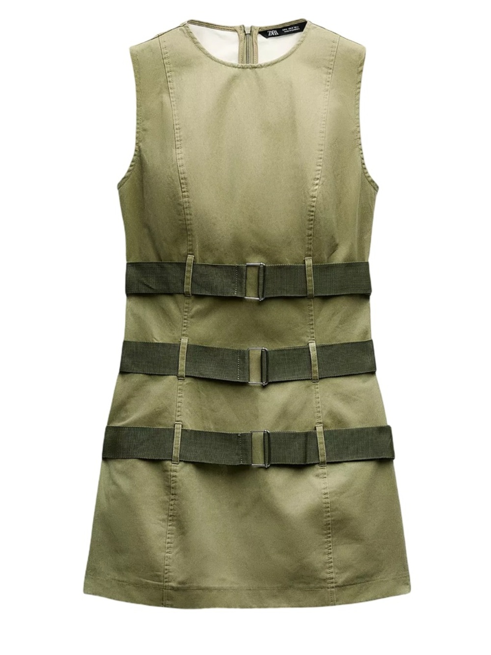 Zara Olive Green Sleeveless Belted Mini waxed dress Combat Army